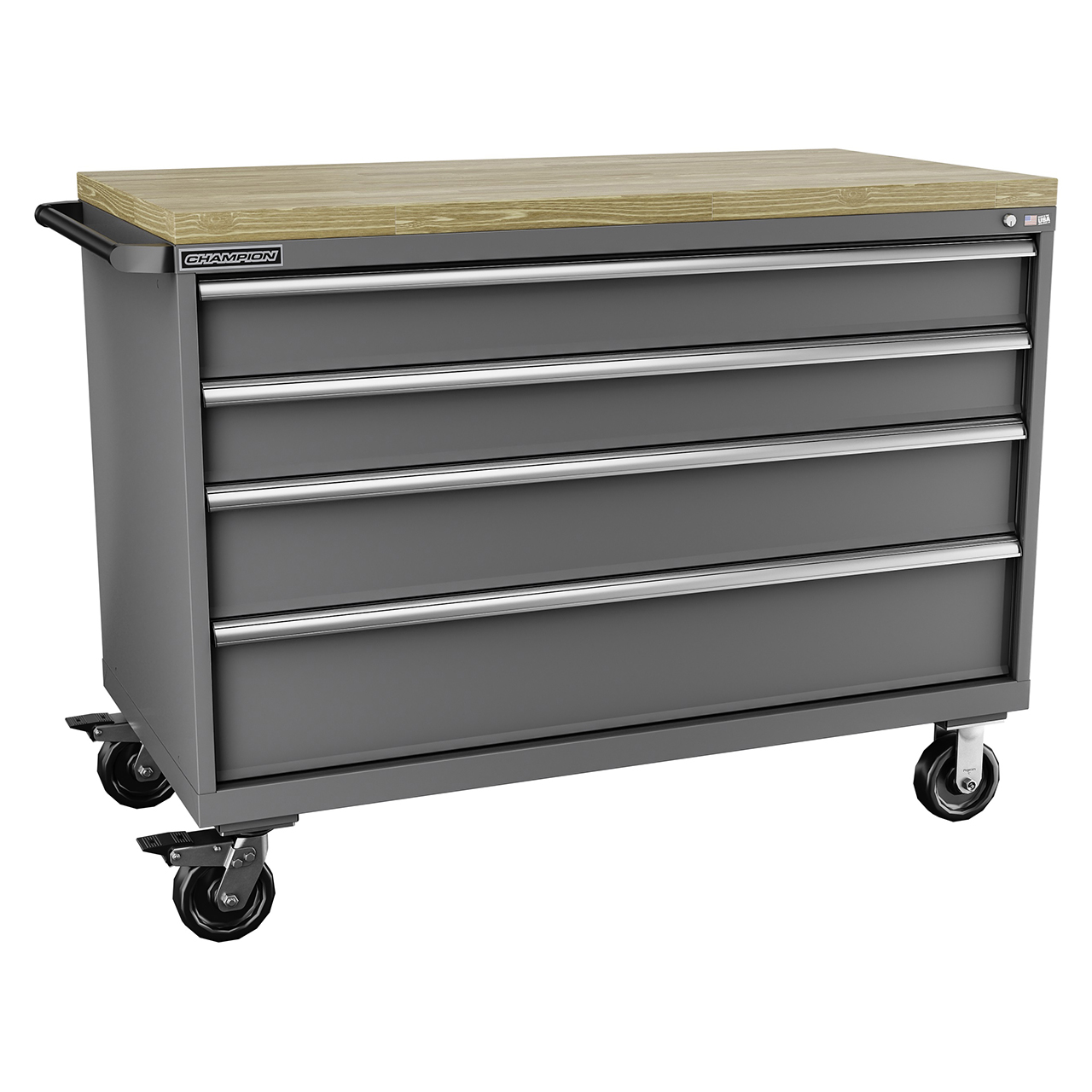Champion Tool Storage DW1500-0401IL-MB8-BBT-DG | 56-1/2" Width x 43-1/4" Height x 28-1/2" Depth 4 Drawer Powder Coated Steel Mobile Modular Cabinet with Butcher Block Top - Dark Gray