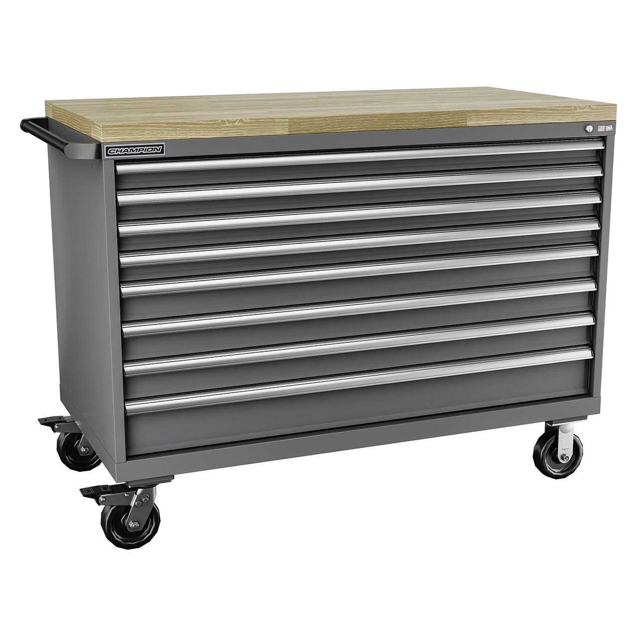 Champion Tool Storage DW1500-0801ILC-MB8-BBT-DG | 56-1/2" Width x 43-1/4" Height x 28-1/2" Depth 8 Drawer 284 Compartments Powder Coated Steel Mobile Modular Cabinet with Butcher Block Top - Dark Gray