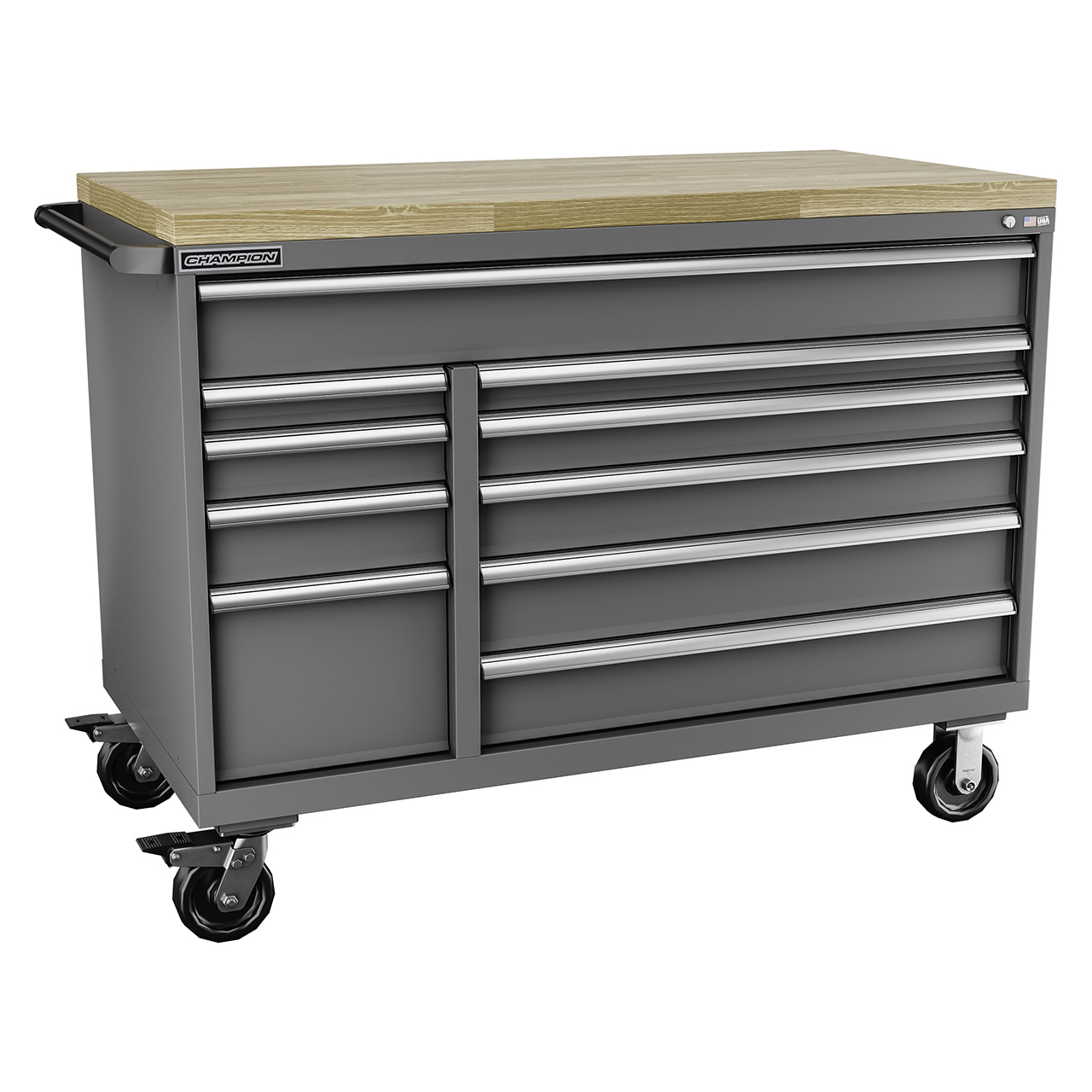 Champion Tool Storage DW1500-1001IL-MB8-BBT-DG | 56-1/2" Width x 43-1/4" Height x 28-1/2" Depth 10 Drawer Powder Coated Steel Mobile Modular Cabinet with Butcher Block Top - Dark Gray