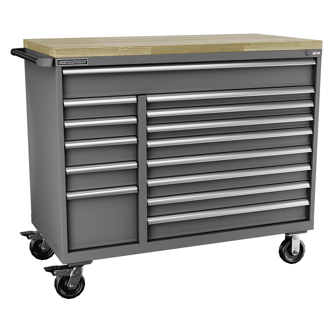 Champion Tool Storage DW1800-1401IL-MB8-BBT-DG | 56-1/2" Width x 49-1/8" Height x 28-1/2" Depth 14 Drawer Powder Coated Steel Mobile Modular Cabinet with Butcher Block Top - Dark Gray