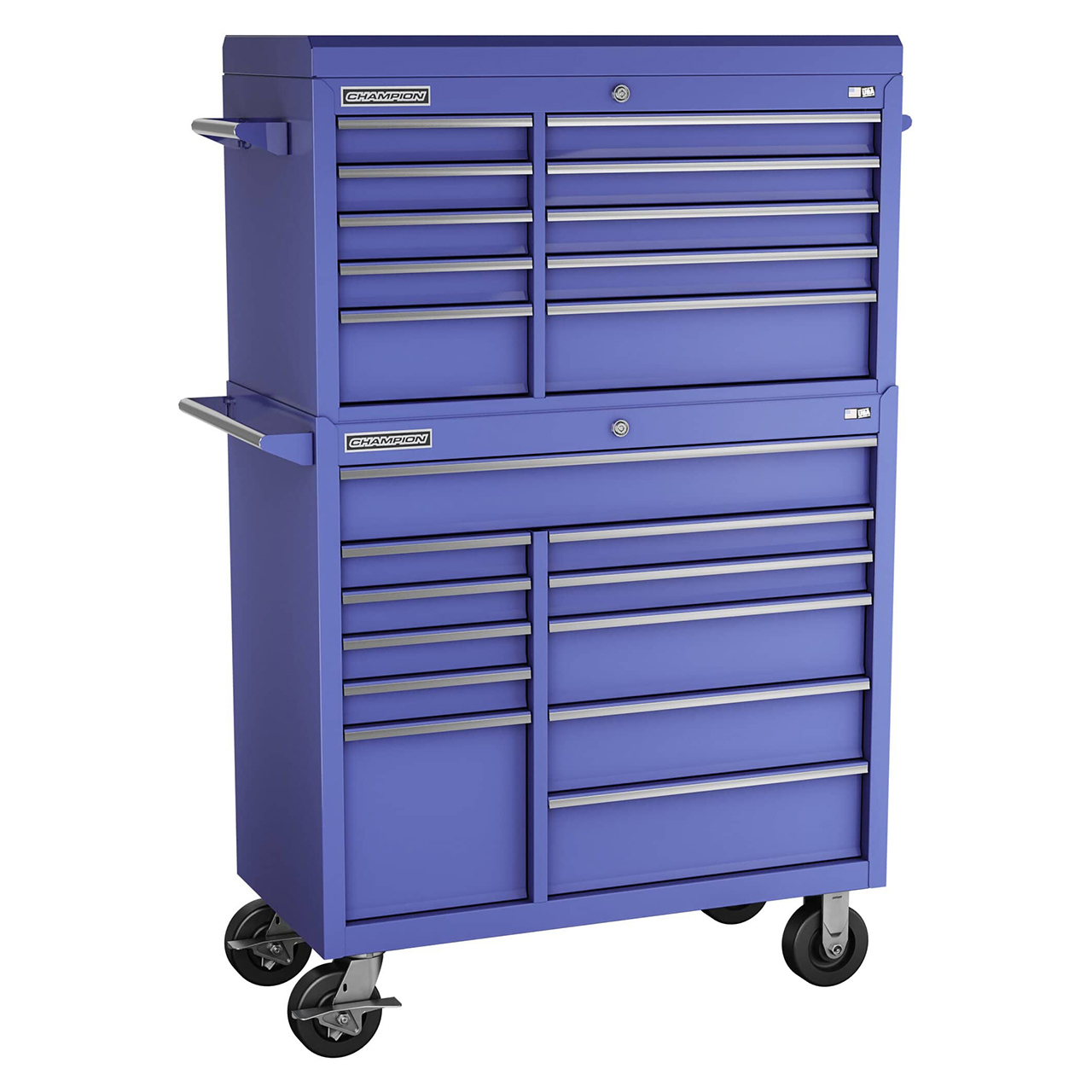 Champion Tool Storage FMP4121RC-BL | 41" Width x 68" Height x 20" Depth 21 Drawer Powder Coated Steel Top Chest Roller Cabinet Combo with Maintenance Cart - Gloss Blue