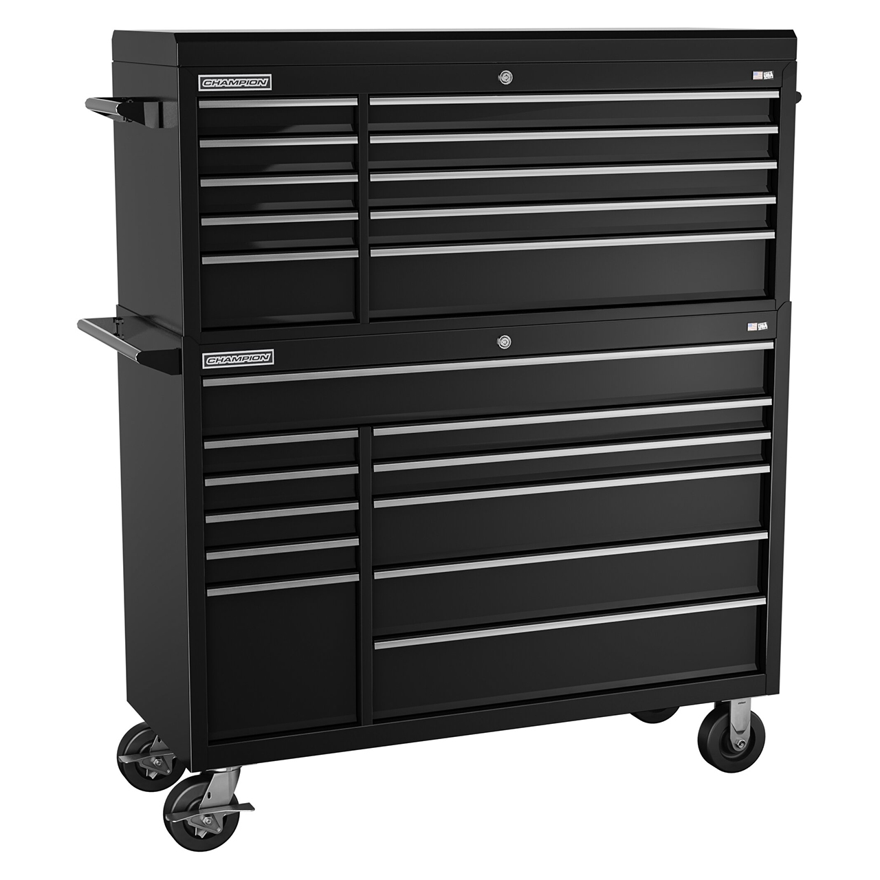 Champion Tool Storage FMP5421RC-BK | 54" Width x 66" Height x 20" Depth 21 Drawer Powder Coated Steel Top Chest Roller Cabinet Combo - Gloss Black