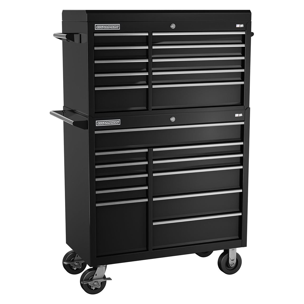 Champion Tool Storage FMP4121RC-BK | 41" Width x 66" Height x 20" Depth 21 Drawer Powder Coated Steel Top Chest Roller Cabinet Combo with Maintenance Cart - Gloss Black