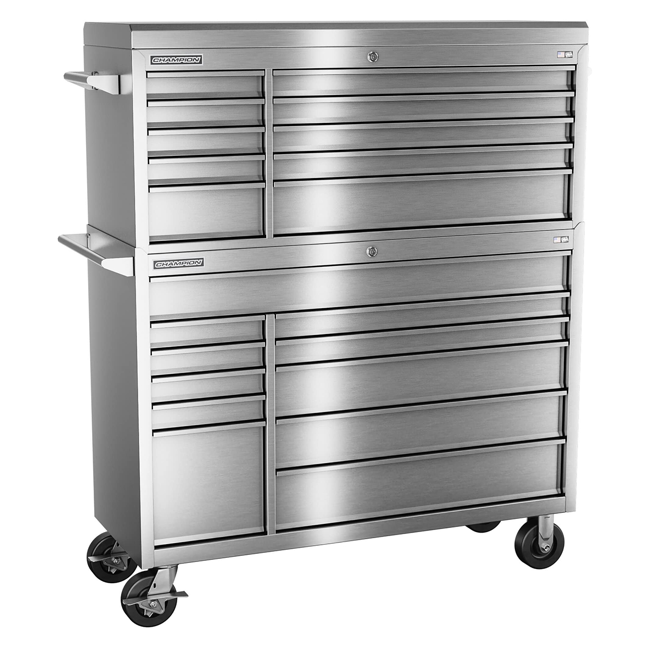 Champion Tool Storage FMPS5421RC | 54" Width x 66" Height x 20" Depth 21 Drawer Brushed Coated Stainless Steel Top Chest Roller Cabinet Combo - Stainless