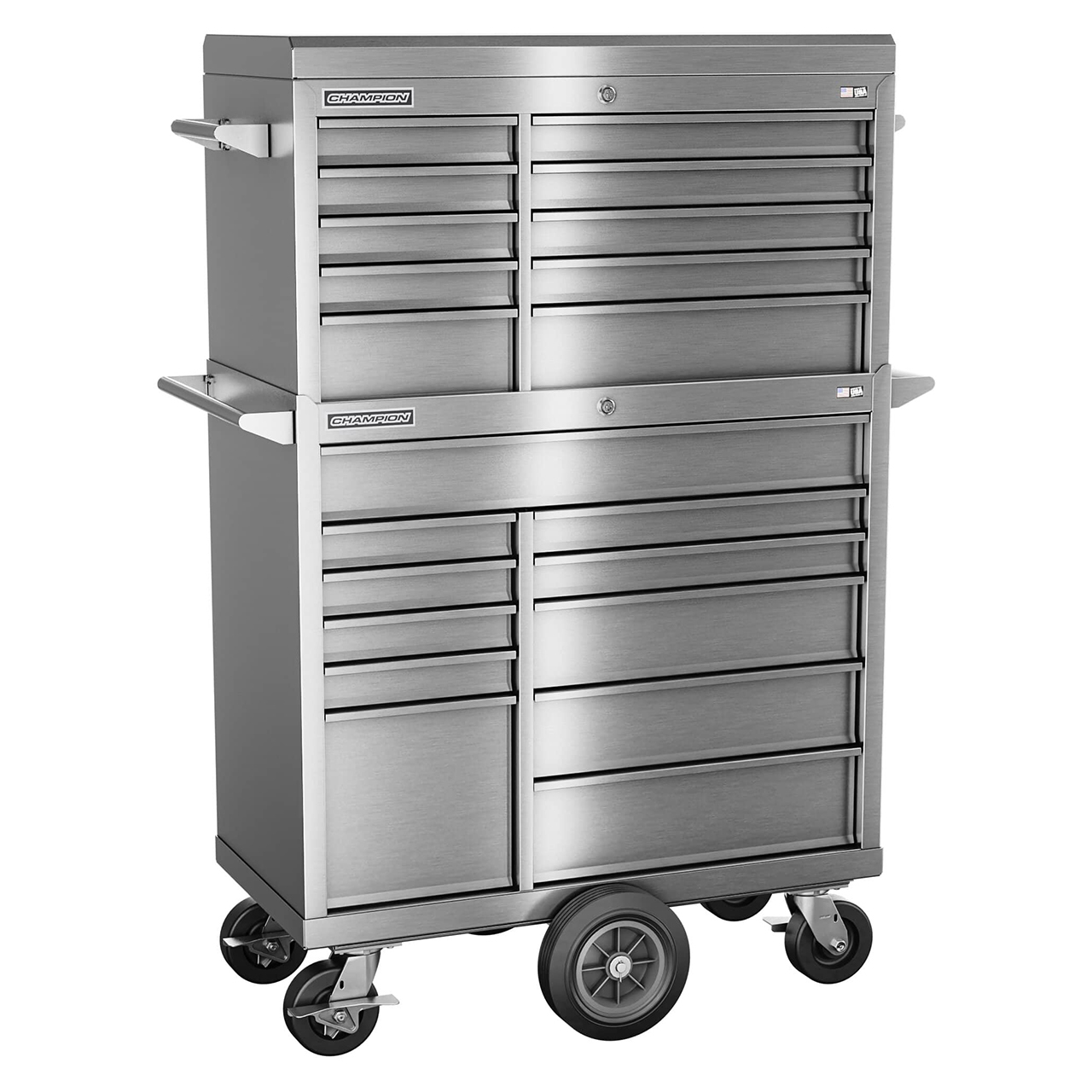 Champion Tool Storage FMPS4121MC | 41" Width x 68" Height x 20" Depth 21 Drawer Brushed Coated Stainless Steel Top Chest Roller Cabinet Combo with Maintenance Cart - Stainless