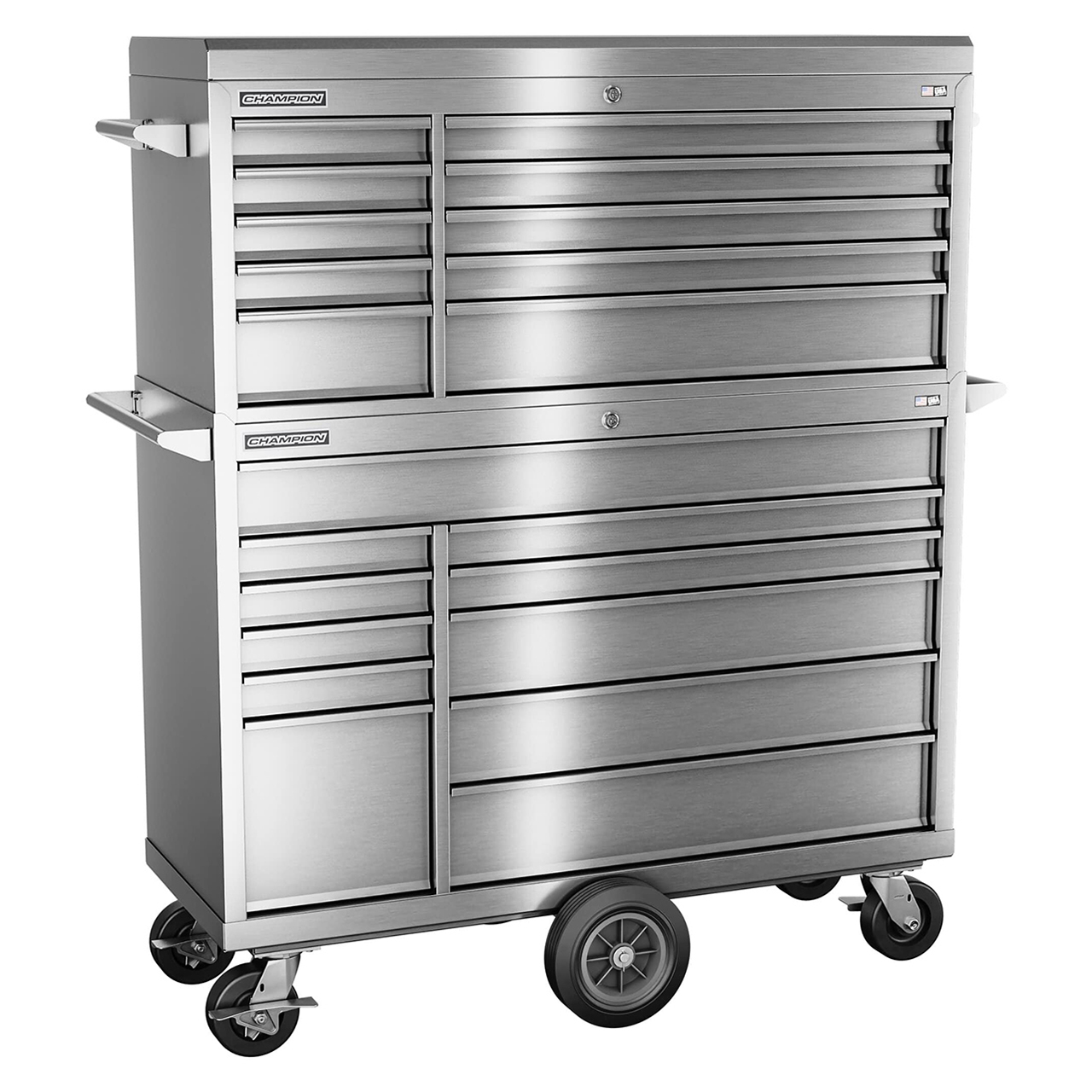 Champion Tool Storage FMPSA5421MC | 54" Width x 68" Height x 20" Depth 21 Drawer Brushed Coated Stainless Steel Top Chest Roller Cabinet Combo with Maintenance Cart - Stainless