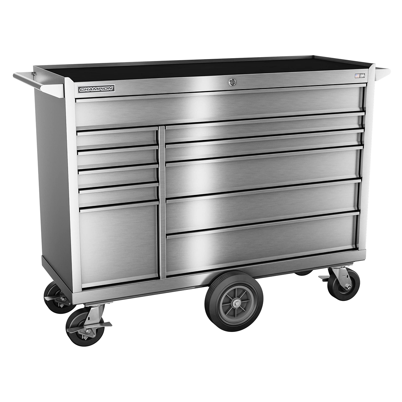 Champion Tool Storage FMPSA5411MC | 54" Width x 45" Height x 20" Depth 11 Drawer Brushed Coated Stainless Steel Wheeled Tool Cabinet with Maintenance Cart - Stainless