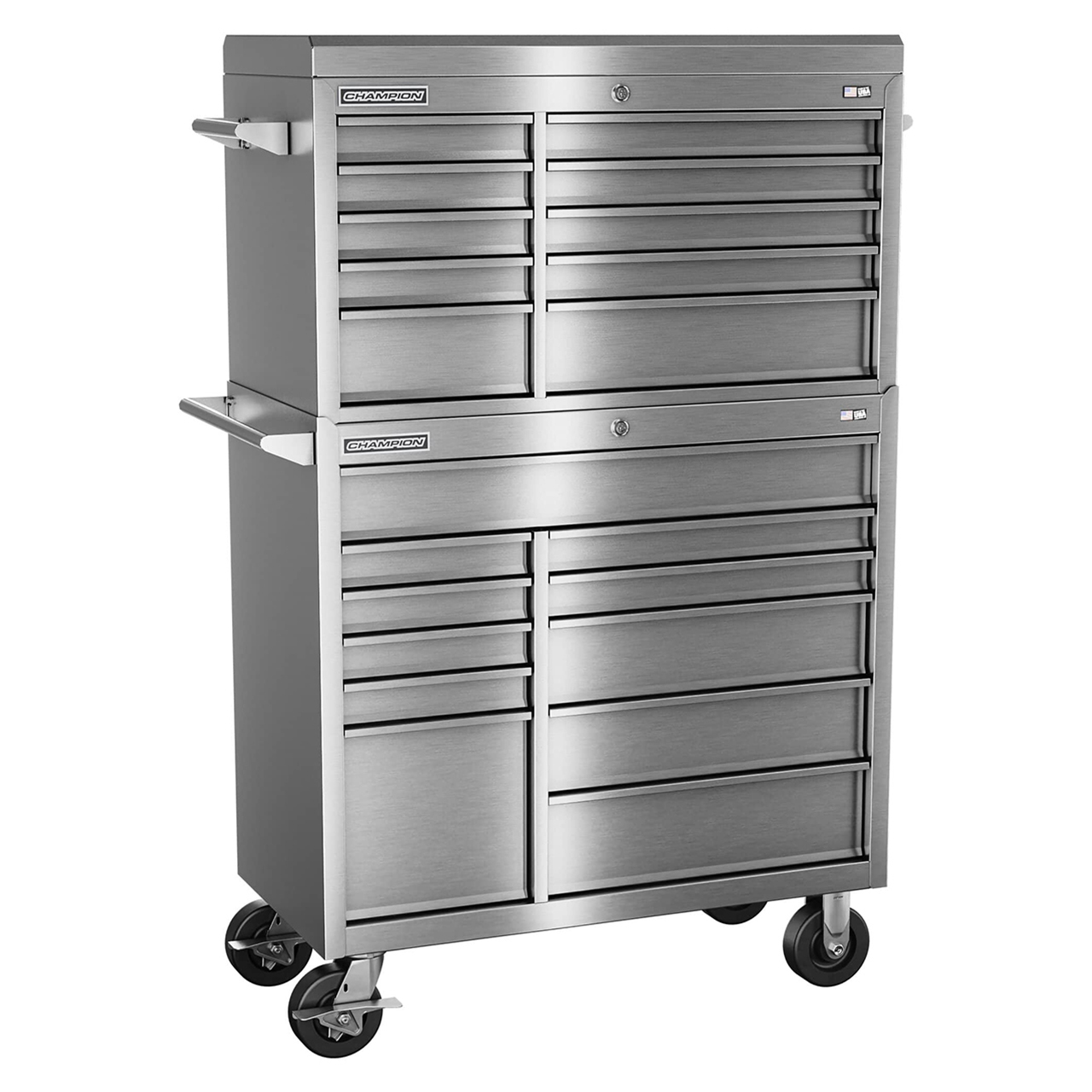 Champion Tool Storage FMPSA4121RC | 41" Width x 66" Height x 20" Depth 21 Drawer Brushed Coated Stainless Steel Top Chest Roller Cabinet Combo - Stainless