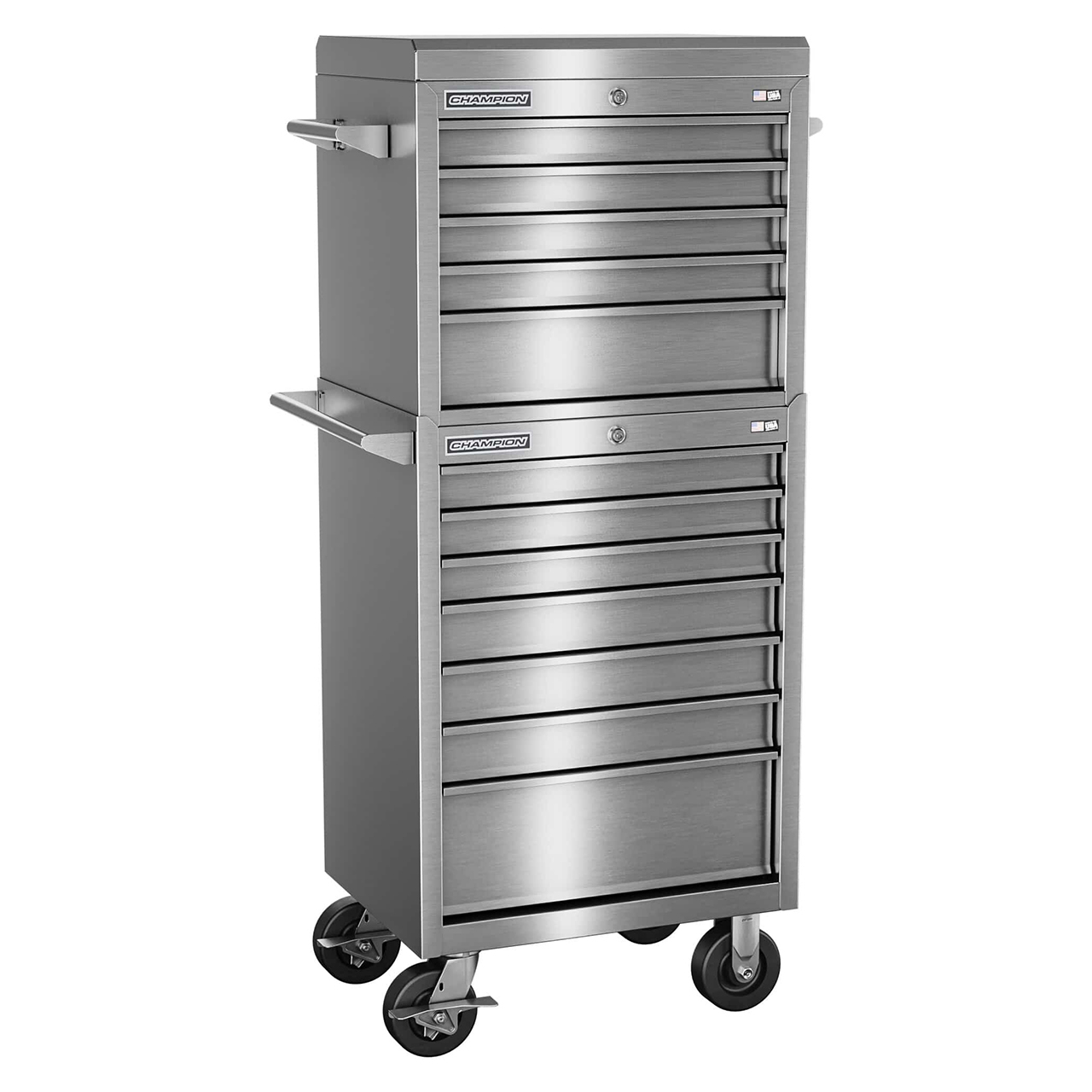 Champion Tool Storage FMPSA2712RC | 27" Width x 66" Height x 20" Depth 12 Drawer Brushed Coated Stainless Steel Top Chest Roller Cabinet Combo - Stainless