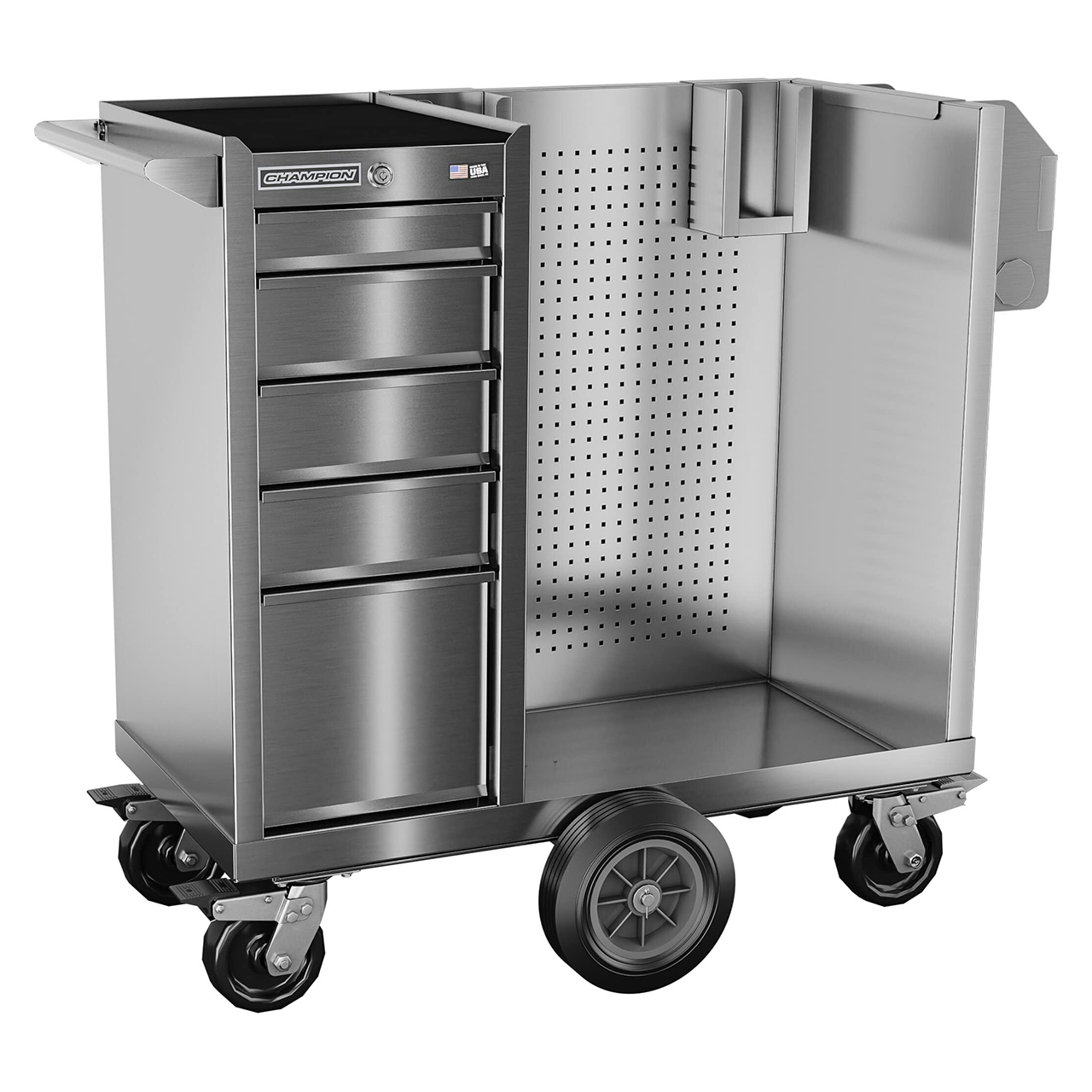 Champion Tool Storage FMPSA1505LMCS | 15" Width x 45" Height x 20" Depth 5 Drawer Brushed Coated Stainless Steel Wheeled Tool Cabinet with Maintenance Cart - Stainless