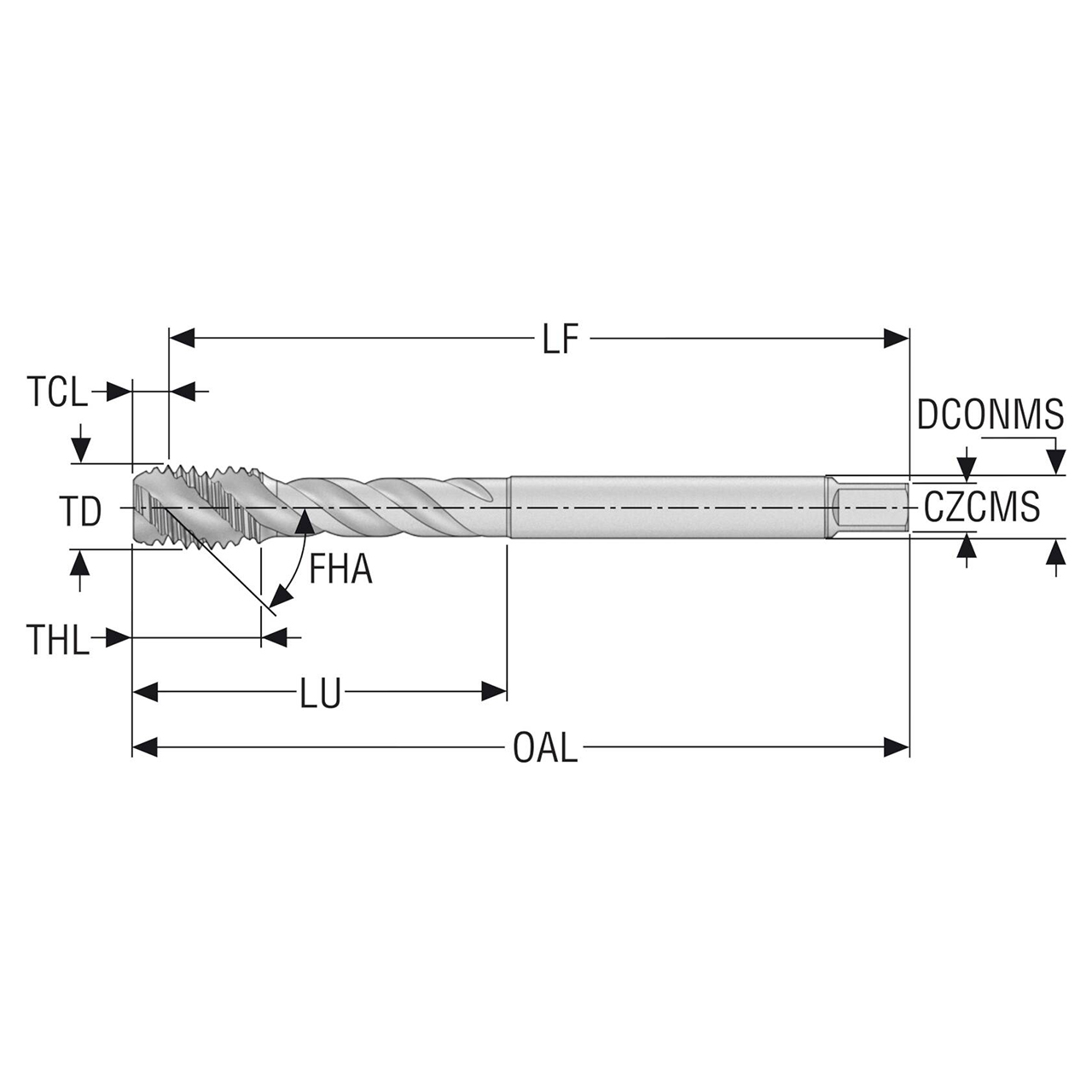 Seco Tools 10139000 | T34-R45H01E06-14X2-65R M14 Thread Size x 0.551" Diameter x 0.433" Shank x 4.331" OAL 45 Degree Helix Angle 4 Flute TiAIN+WC/C Coated HSS-E-PM Spiral Flute Tap