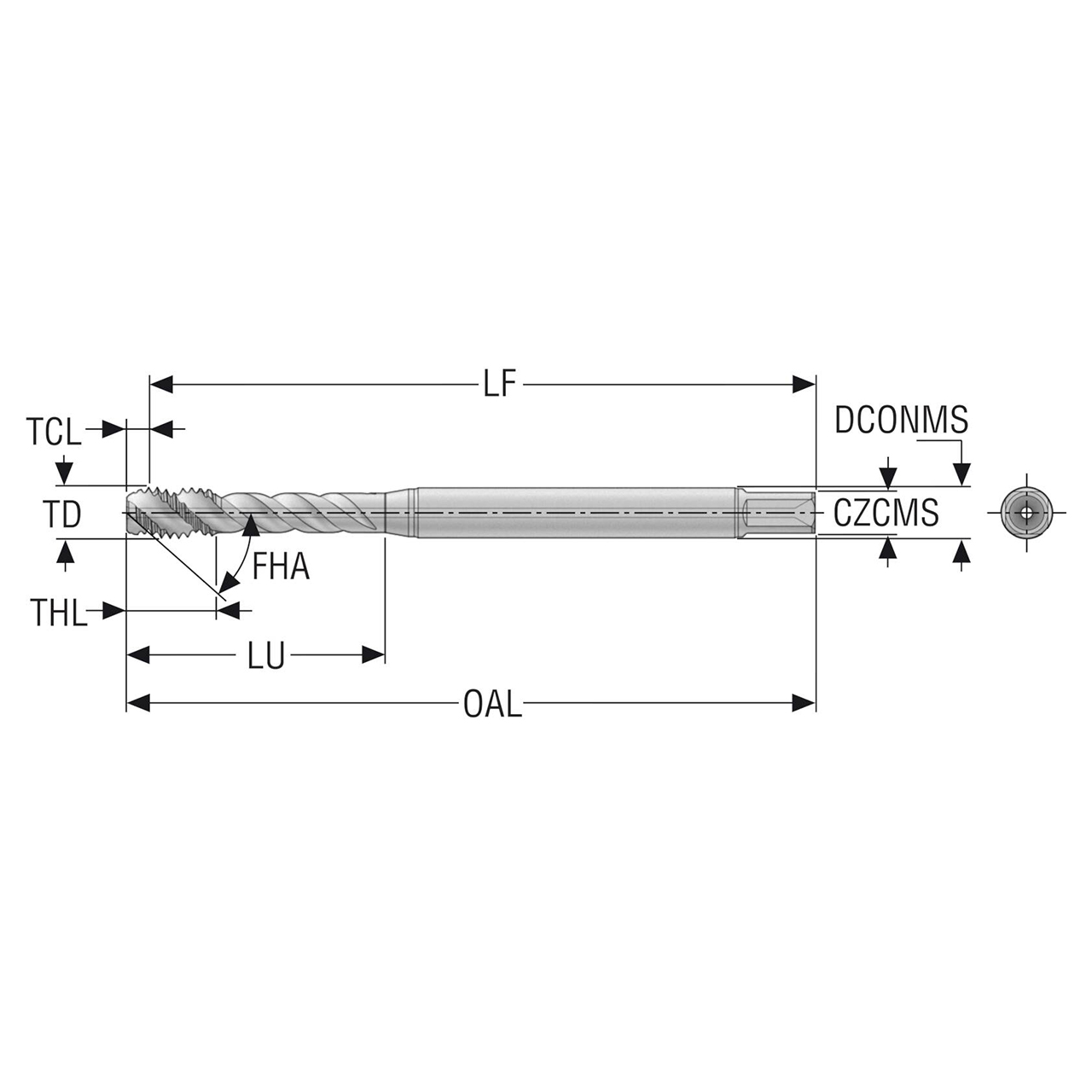Seco Tools 10139040 | T34A-R45H02E03-10X1-65R MF10X1.0 Thread Size x 0.394" Diameter x 0.394" Shank x 3.543" OAL 45 Degree Helix Angle 3 Flute TiAIN+WC/C Coated HSS-E-PM Spiral Flute Tap
