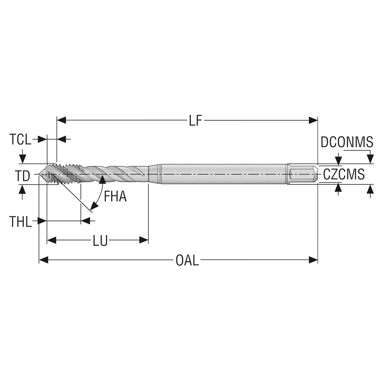 Seco Tools 10139055 | T34-R45H08C03-5-40-22R UNC5-40 Thread Size x 0.125" Diameter x 0.138" Shank x 2.252" OAL 45 Degree Helix Angle 3 Flute TiAIN+WC/C Coated HSS-E-PM Spiral Flute Tap