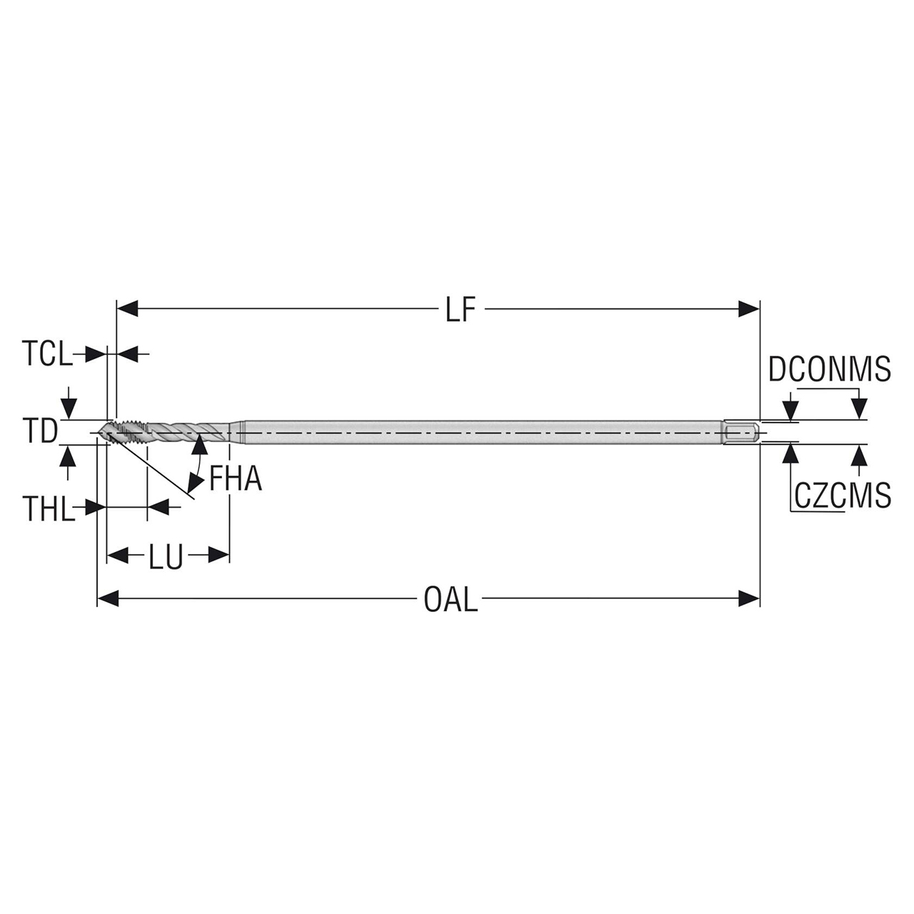 Seco Tools 10139180 | T32-R40N01C04-4X0.7-63R M4 Thread Size x 0.158" Diameter x 0.177" Shank x 4.984" OAL 40 Degree Helix Angle 3 Flute TiAIN+TiN Coated HSS-E Spiral Flute Tap