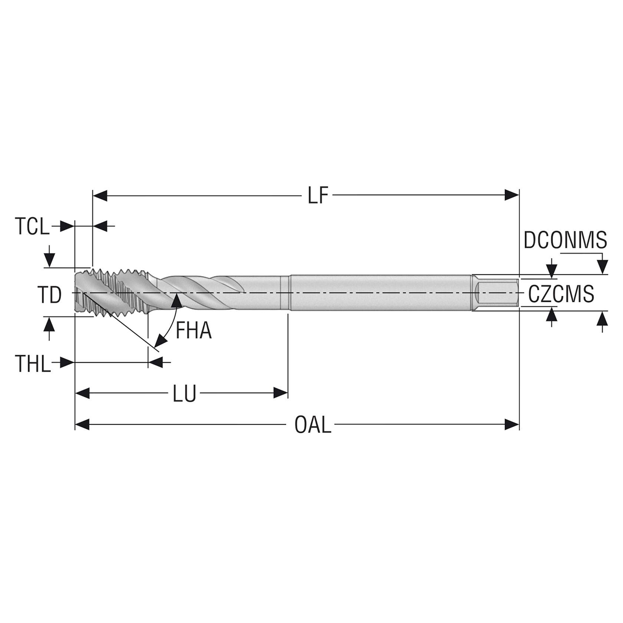 Seco Tools 10139576 | T32-R40N01C06-10X1.5-63R M10 Thread Size x 0.394" Diameter x 0.276" Shank x 3.937" OAL 40 Degree Helix Angle 3 Flute TiAIN+TiN Coated HSS-E Spiral Flute Tap