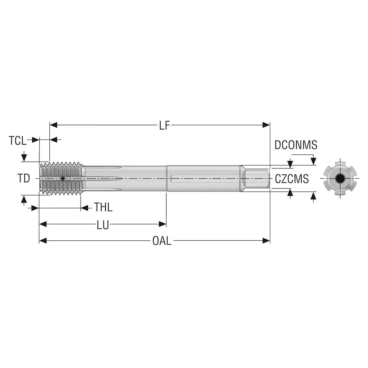 Seco Tools 10208937 | T33B-FSC02C05-14X1.5-65R MF14X1.5 Thread Size x 14.00mm Diameter x 11.00mm Shank x 100.00mm OAL 6 Flute TiCN Coated HSS-E-PM Thread Forming Tap