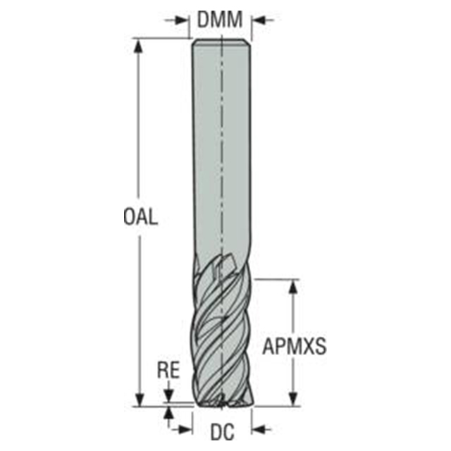 Seco Tools 02679514 | 8.00mm Diameter x 8.00mm Shank x 0.50mm Radius x 60.00mm OAL 4 Flute 48 Degree Helix Angle SIRON-A Coated Carbide Corner Radius End Mill