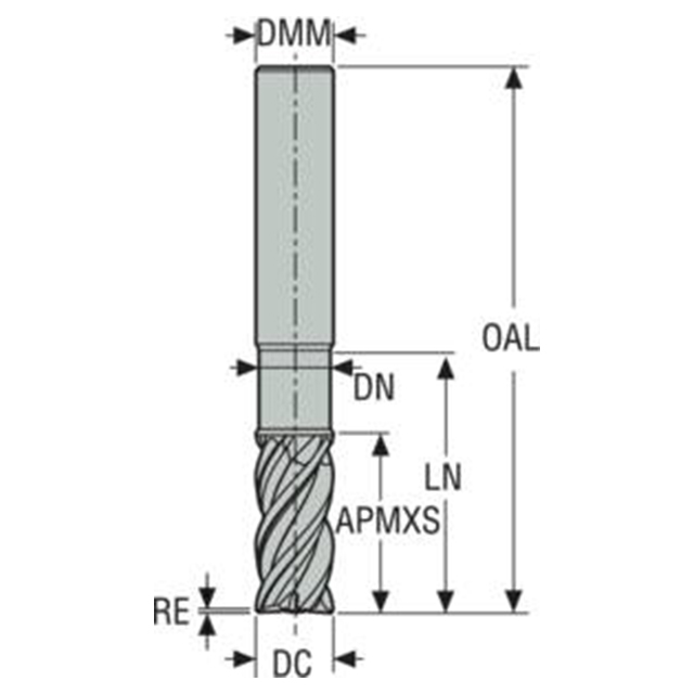 Seco Tools 02828199 | 5.00mm Diameter x 6.00mm Shank x 0.20mm Radius x 55.00mm OAL 4 Flute 40 Degree Helix Angle SIRON-A Coated Carbide Corner Radius End Mill