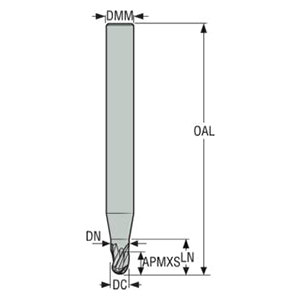 Seco Tools 02928294 | JS533050G2B.0Z3 5.00mm Diameter x 6.00mm Shank x 2.50mm Corner Radius x 57.00mm OAL x 30 Degree Helix Angle 3 Flute NXT Coated Carbide Ball End Mill