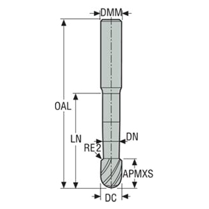 Seco Tools 00023032 | 450080 8.00mm Diameter x 8.00mm Shank x 4.00mm Corner Radius x 65.00mm OAL x 50 Degree Helix Angle 2 Flute MEGA Coated Carbide Ball End Mill