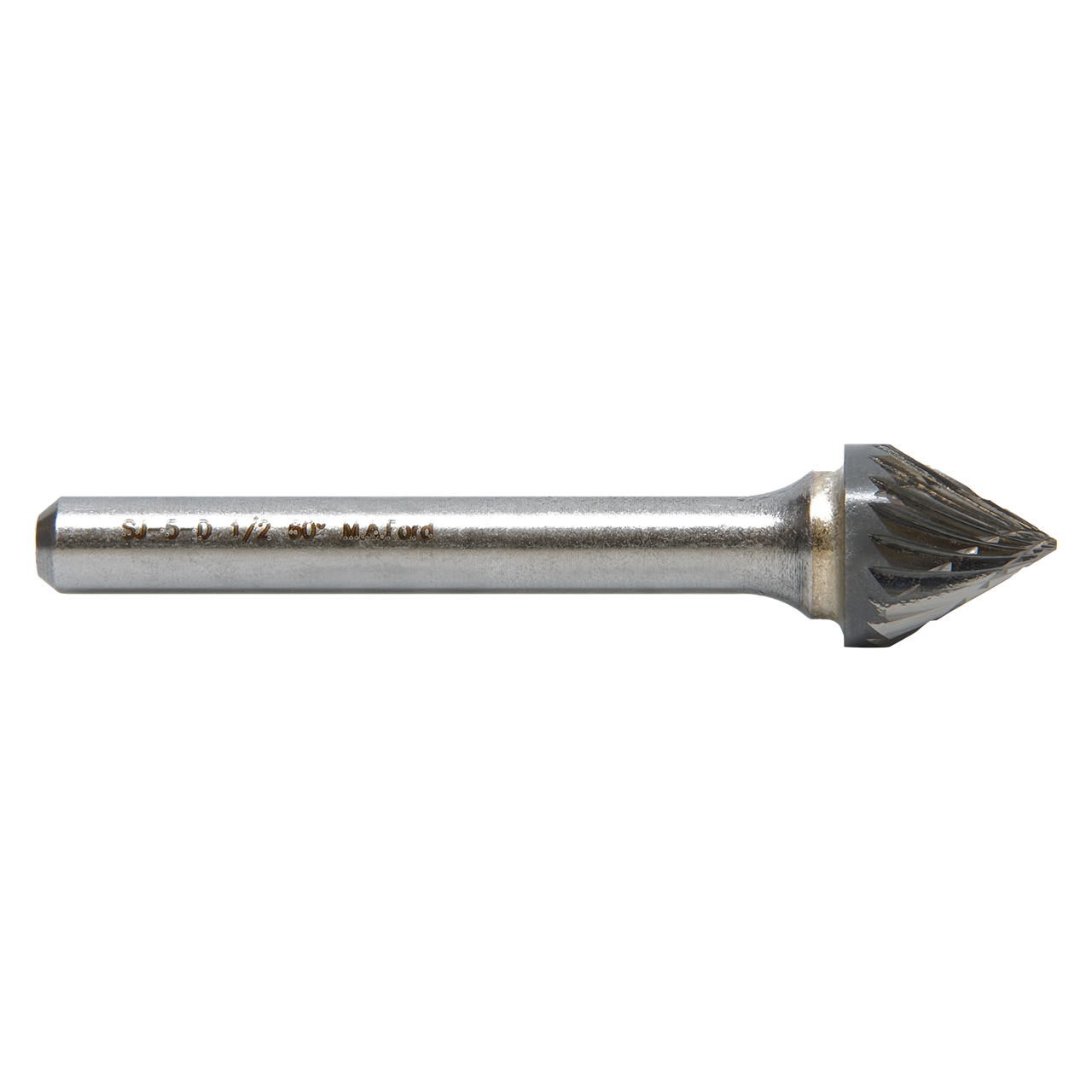 M A Ford 29602507M | 6.00mm Diameter x 6.00mm Shank x 4.80mm LOC x 50.00mm OAL 6 LH Flute Uncoated 18 RH Flute Uncoated Carbide Pointed Cone Shape Burr