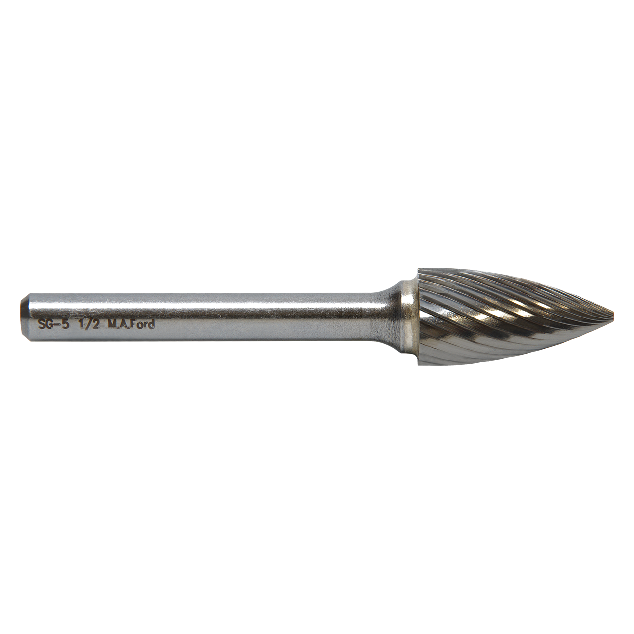 M.A. Ford 46500120 | 1/2" Diameter x 1/4" Shank x 3/4" LOC x 2-3/4" OAL 24 Flute Uncoated Carbide 46SG Pointed End Tree Shape Burr
