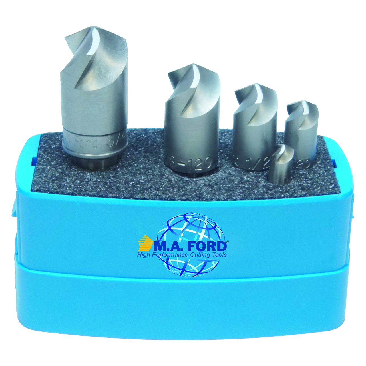 M A Ford 92000014 | 1/4", 3/8", 1/2", 5/8", 3/4" Diameter x 100 Degree Included Angle 3 Flute Uncoated HSS Countersink Set