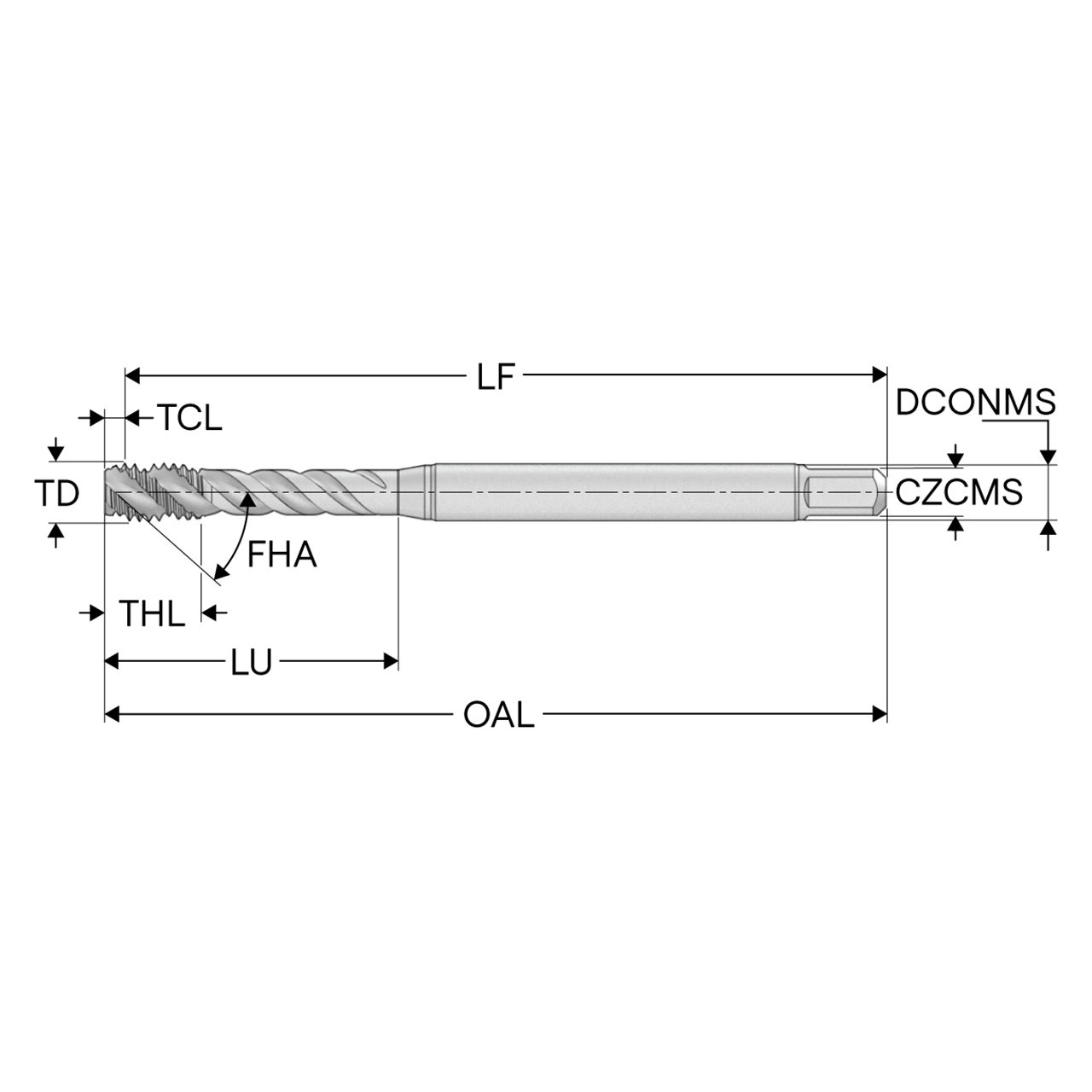 Seco Tools 10280373 | T34-R45H08C96-1-8-22R 1.000" Thread Diameter x 0.800" Shank x 0.323" Tap Length 4 Flute TiAIN+WC/C Coated HSS-E-PM Cylindrical T34 Spiral Flute Tap