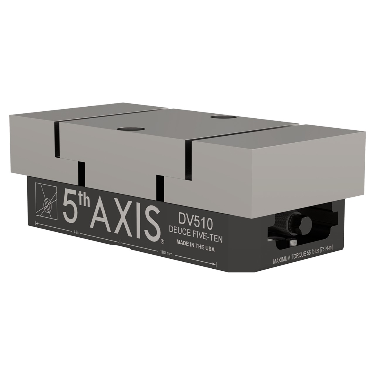 5th Axis DV510-J3 | 125.70 x 258.30 x 73.40mm Size x 125.70mm Width x 75 Nm Maximum Torque Large Double Station Vise with Machinable Steel Jaws