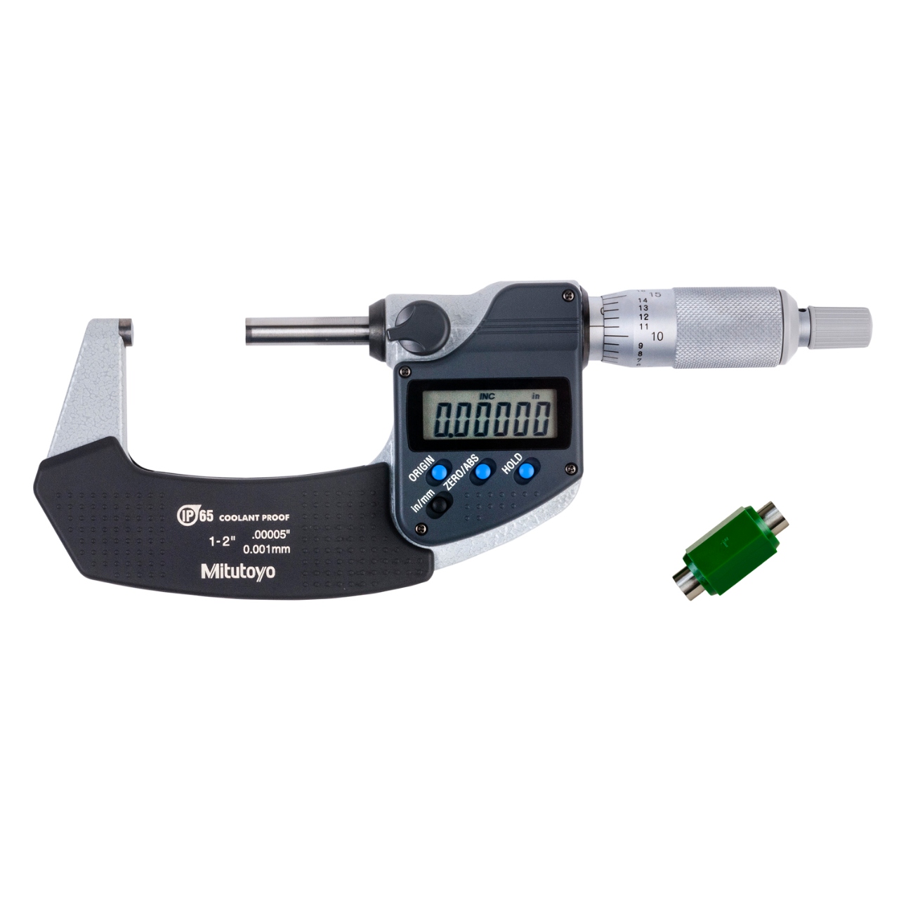 Mitutoyo 293-341-32 | 1.000" - 2.000" Range x 0.00005" Graduation x ±0.00005" Accuracy x 18.00mm Thimble x IP65 Emel Coated Hardened Steel 293 Series Electronic Outside Micrometer