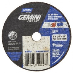 Norton 66243510647 Gemini Small Diameter Cut-Off Wheel, 3" x 1/16" x 3/8", 36 Grit Aluminum Oxide, Type 1