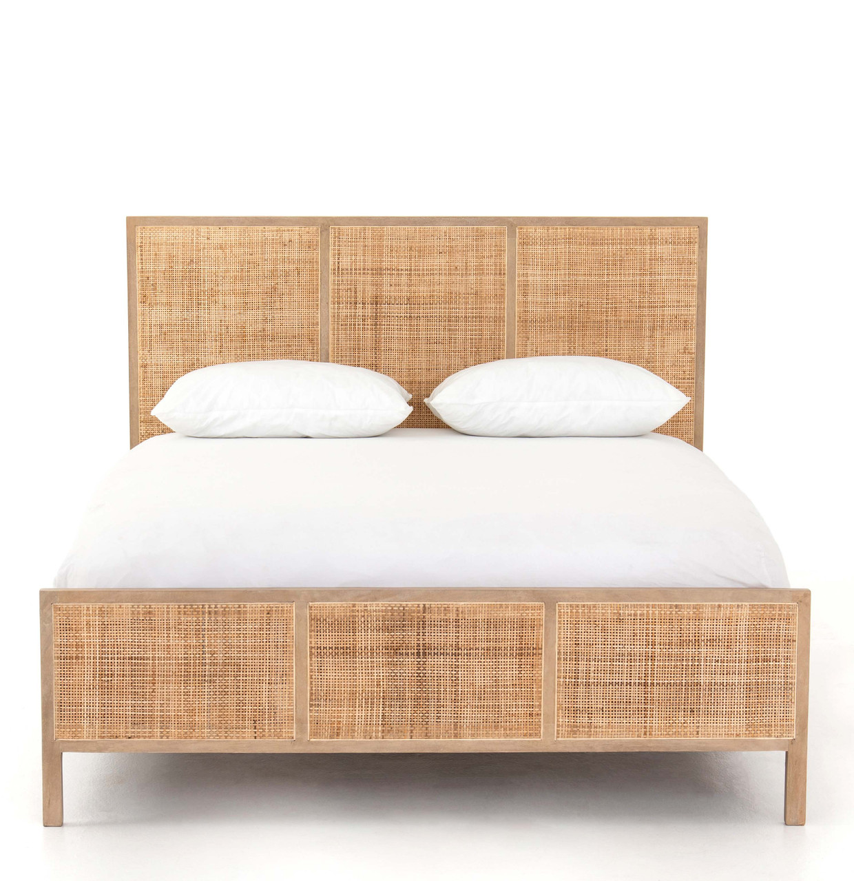 Bondi Woven Cane Bed features a solid natural light mango wood frame with inlaid natural woven cane