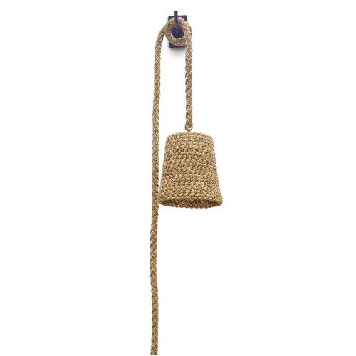 Natural fine abaca rope tightly wrapped over a powder coated metal frame. Flush  mount comes with a