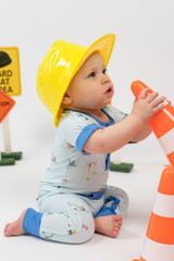 S/S Pocket Romper - Construction / Lake Blue