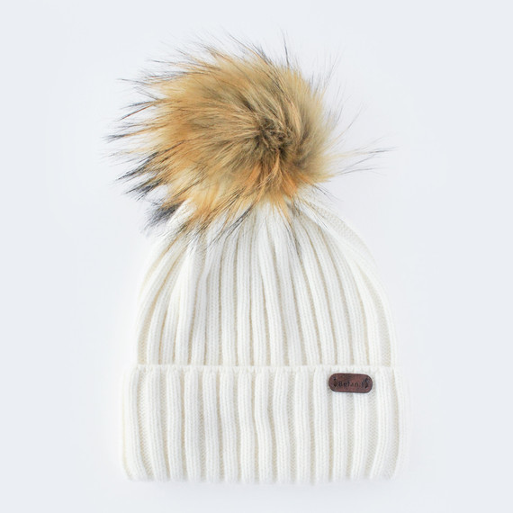 Angora Adult Size Wool Beanies (with Detachable Pompom) - White Angora Adult Size Wool Beanies (with Detachable Pompom) - White