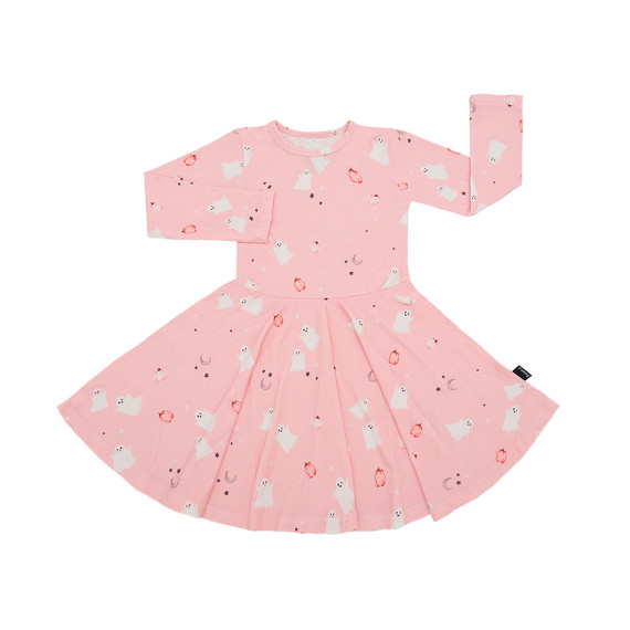 Long Sleeve Twirl Dress - Pink Ghosts