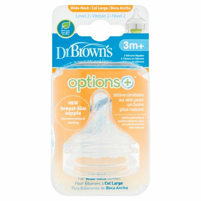 Dr. Brown's Options+ 2pk Wide Neck Nipples - Lv2/3m+ Dr. Brown's Options+ 2pk Wide Neck Nipples - Lv2/3m+