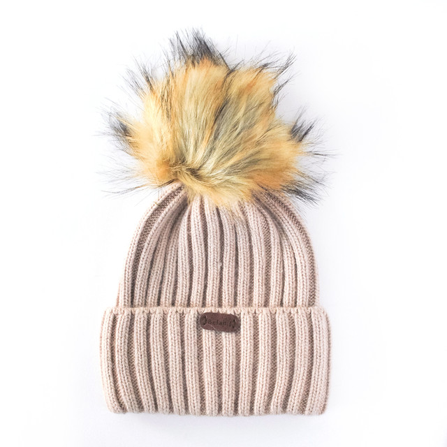 Angora Kids Wool Beanies (with Detachable Pompom) - Creamy Taupe