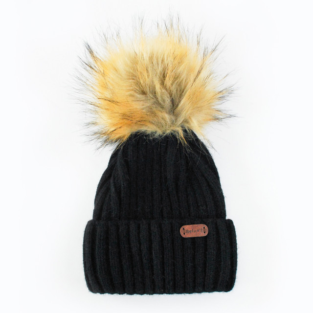 Angora Adult Size Wool Beanies (with Detachable Pompom) - Black Angora Adult Size Wool Beanies (with Detachable Pompom) - Black