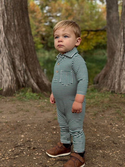 Me & Henry Kingston Polo Romper - Dark Green/ White Stripe Me & Henry Kingston Polo Romper - Dark Green/ White Stripe