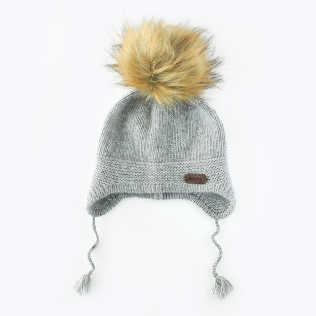 Baby Beanie with faux fur pompom - Grey (0-1 y) Baby Beanie with faux fur pompom - Grey (0-1 y)