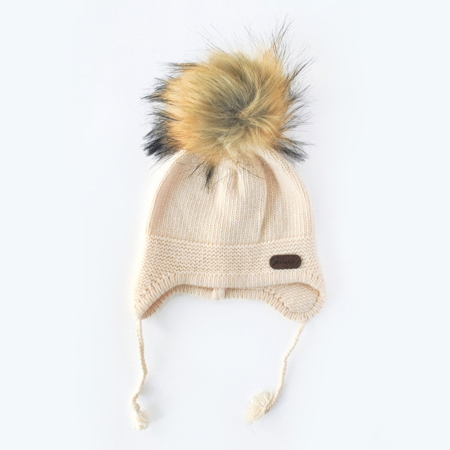 Baby Beanie with faux fur pompom - Cream (0-1 y) Baby Beanie with faux fur pompom - Cream (0-1 y)