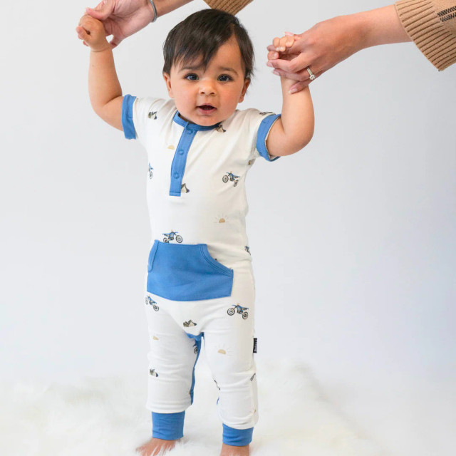 Short Sleeve Pocket Romper - Dirtbikes with Marine Blue Pocket Short Sleeve Pocket Romper - Dirtbikes with Marine Blue Pocket