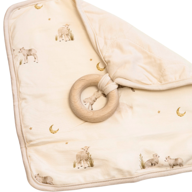 2 Layers Lovey - Little Lambs / White with Wooden Teether 2 Layers Lovey - Little Lambs / White with Wooden Teether