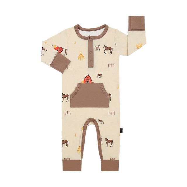 Long Sleeve Pocket Romper - Hay Neighbour (w/Hazel Trim)