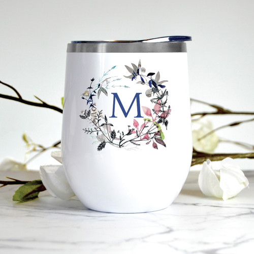 Custom Watercolor Wreath Monogram Wine Tumbler