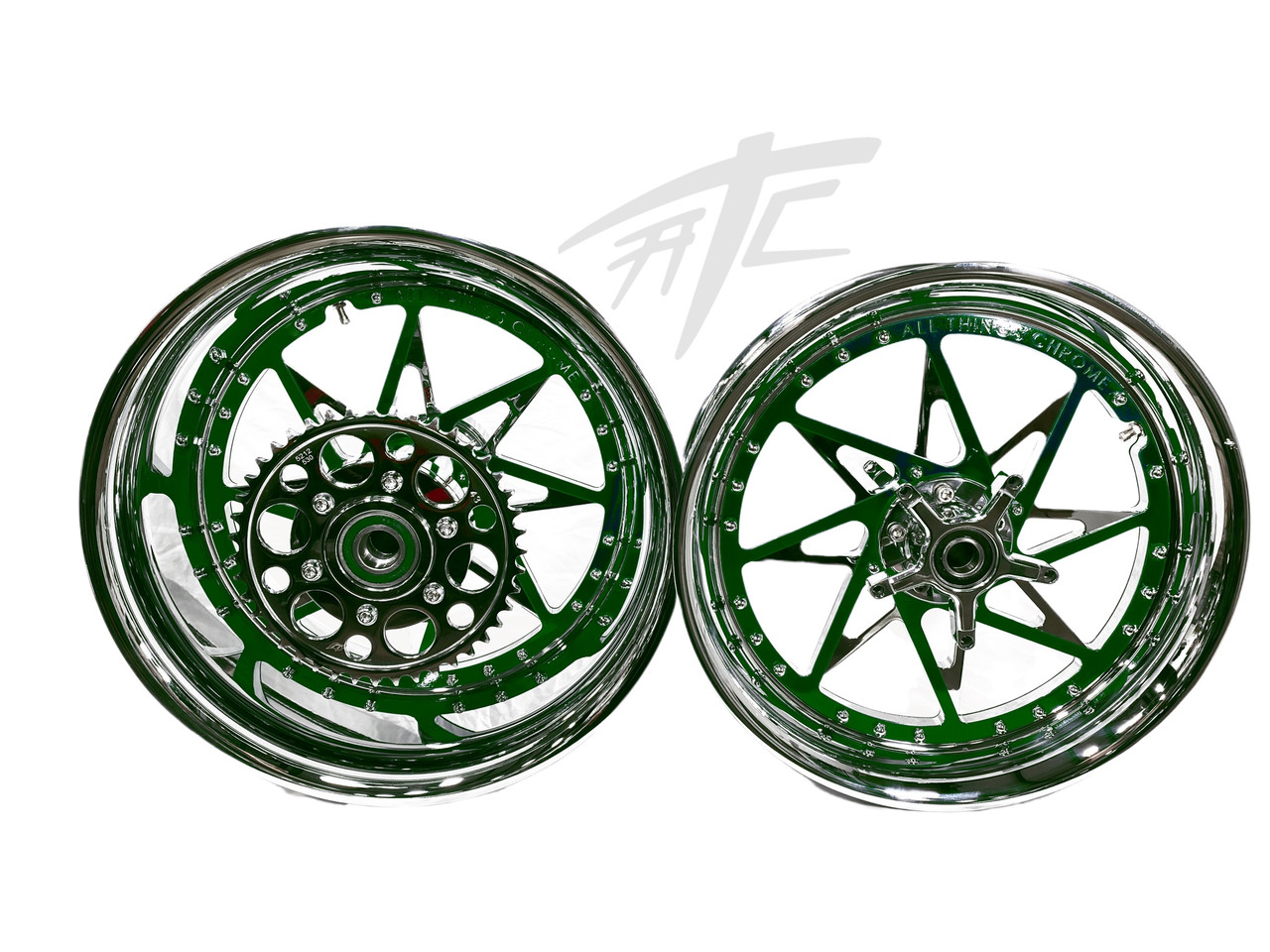 で STOCK SIZE CHROME/GREEN SWITCHBACK WHEELS 00-05 KAWASAKI NINJA ZX