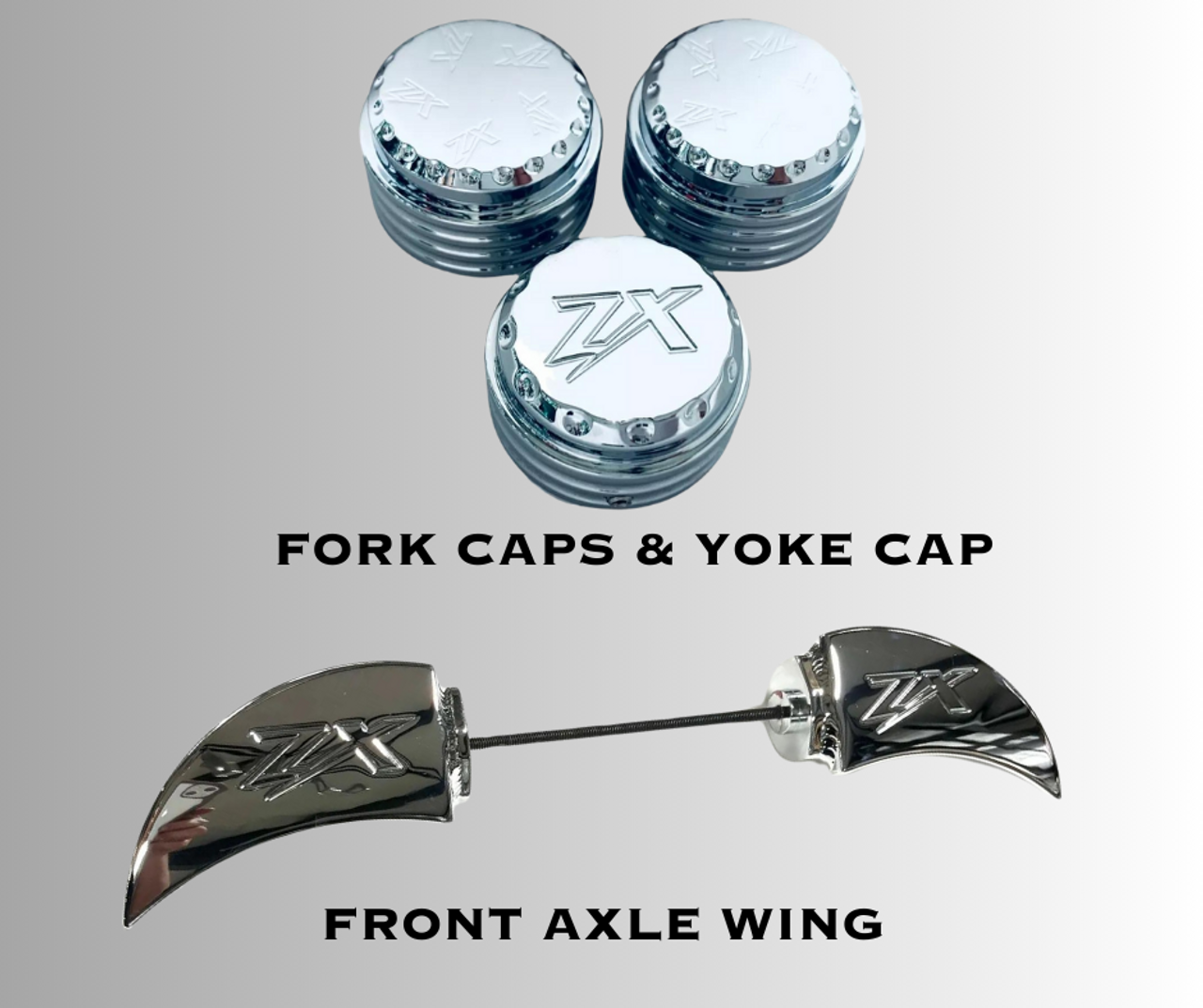 ｋａｋａ❢ CHROME “ZX” ENGRAVED FORK CAPS, YOKE CAP, & FRONT AXLE WING