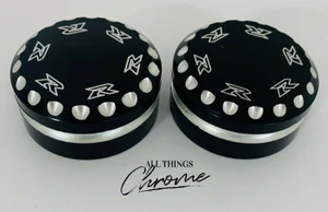 GSXR BLACK CONTRAST DIAMOND CUT "R" ENGRAVED FORK CAPS 09-20 SUZUKI GSXR1000