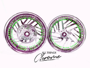 GSXR 360 FAT TIRE CHROME TWIST IT WHEELS GREEN RIVETS 2009-2020 SUZUKI GSXR 1000